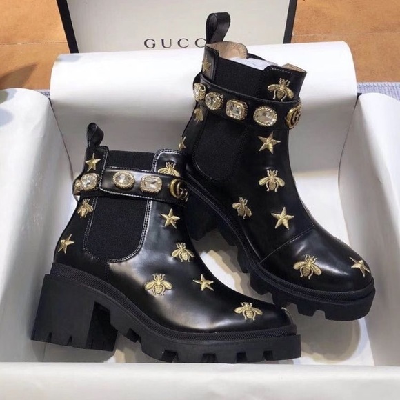 Gucci Shoes - Gucci embroidered leather ankle boot with belt